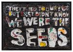 They Thought They Could Bury Us But They Didn't Know We Were the Seeds, 2019. mixed media on reclaimed paper, enamel, hemp thread, acrylic. 57 x 83 inches.